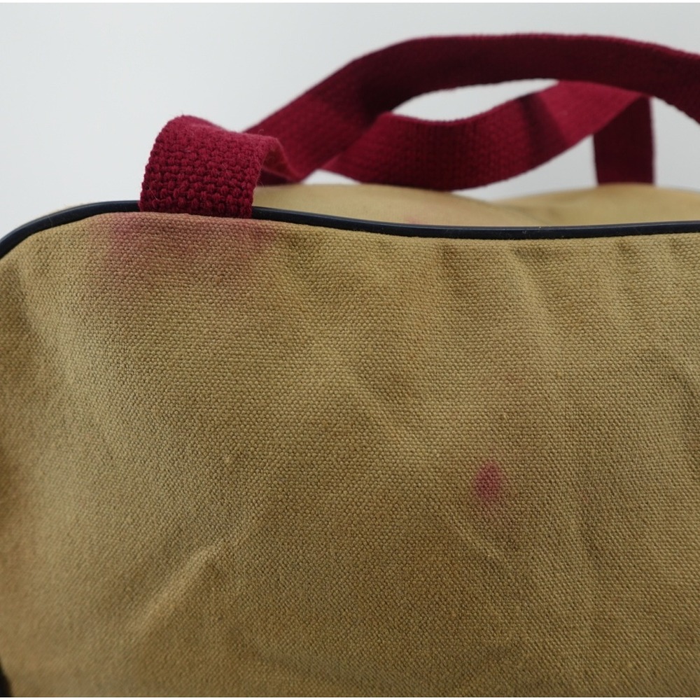 Vintage Tapestry Golf Scene Small Duffel Bag Tan Canvas Burgundy Handles - Picture 6 of 10